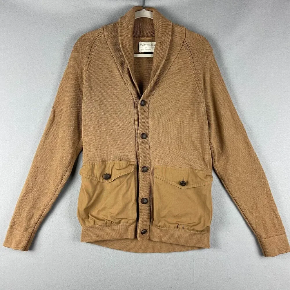French Connection Safari Cardigan Sweater Mens Medium Tan Shawl Collar Cotton